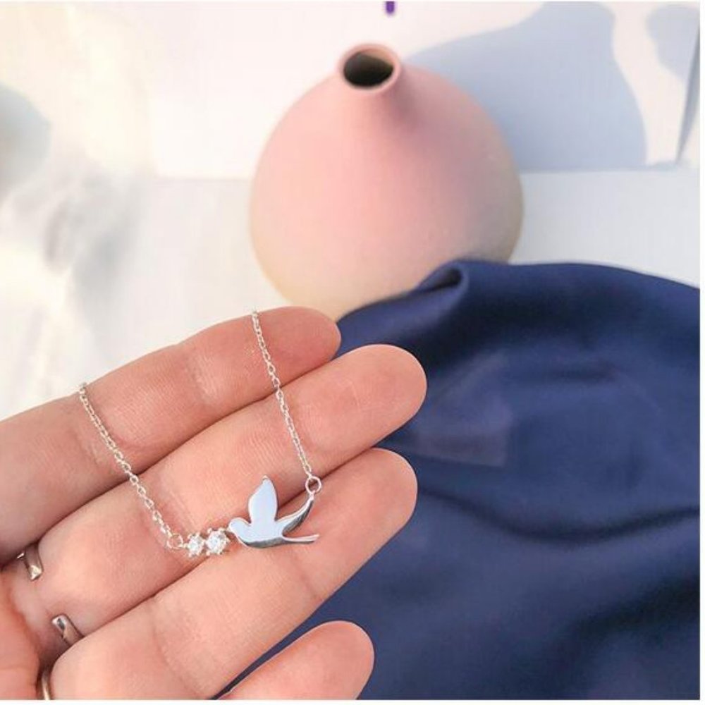 NEW 925 Sterling Silver Diamond Bird Necklace